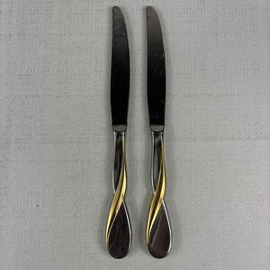 Oneida GOLDEN AQUARIUS Stainless 2 Dinner Knives‎ Gold Accent USA Flatware A11G